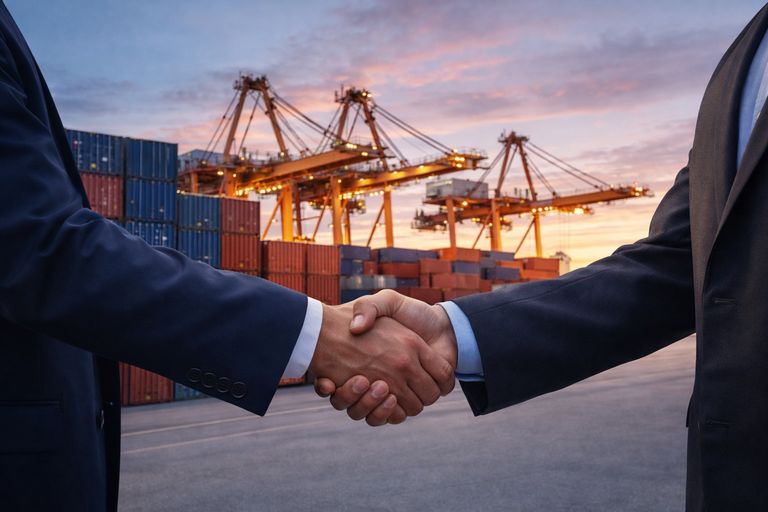 High-end industrial shipping containers and cranes at dusk
