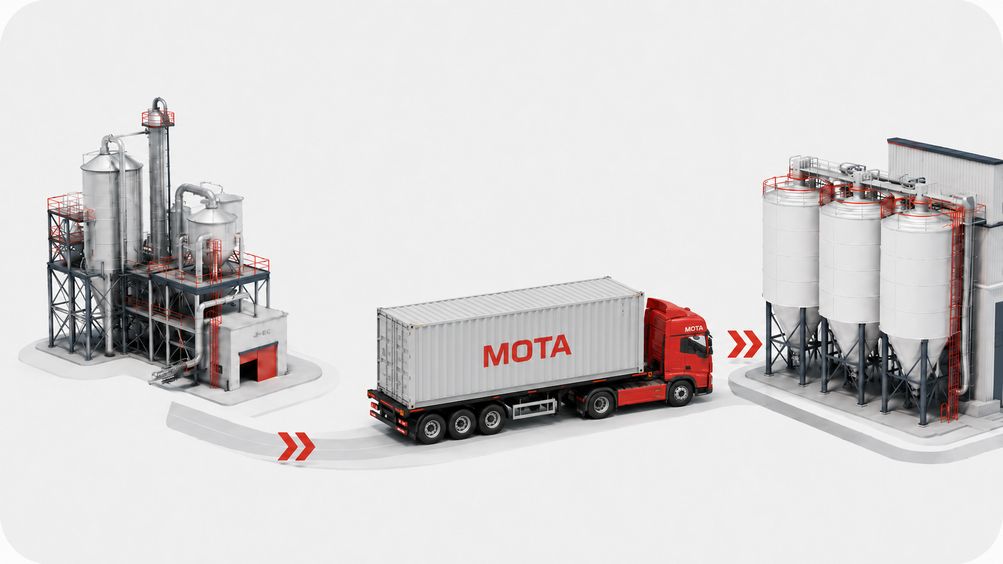 Containerized dry bulk logistics between production site and customer silo