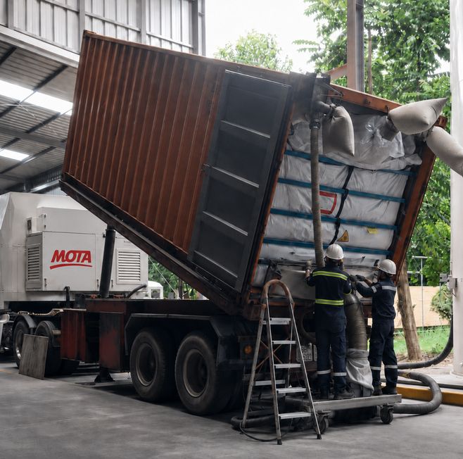 MOTA team operating container discharge beside a receiving silo