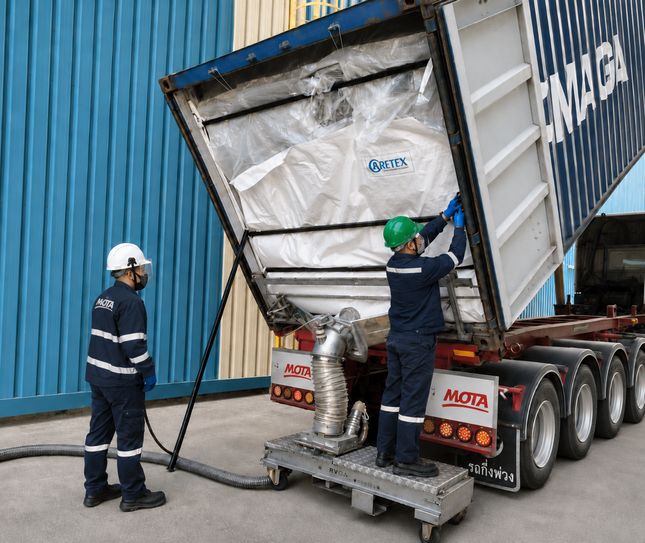Workers preparing lined container for pneumatic discharge