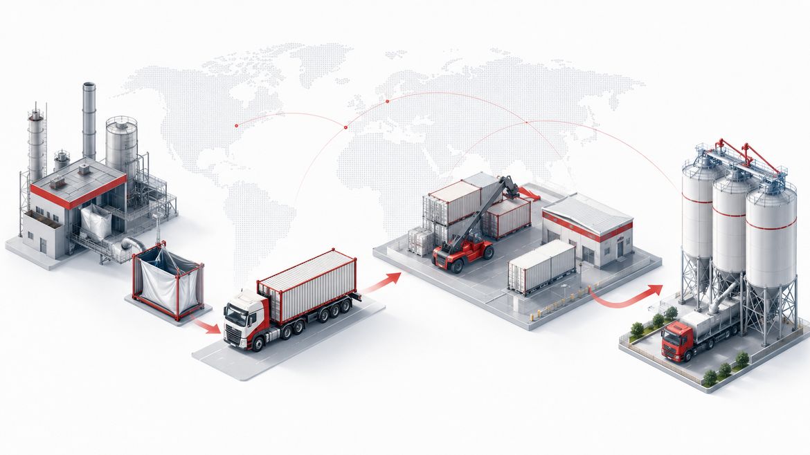 Integrated containerized dry bulk logistics flow from production source to customer silo