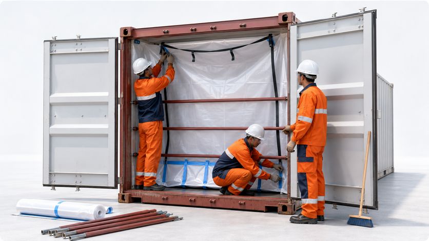 Workers installing a dry bulk liner inside a shipping container