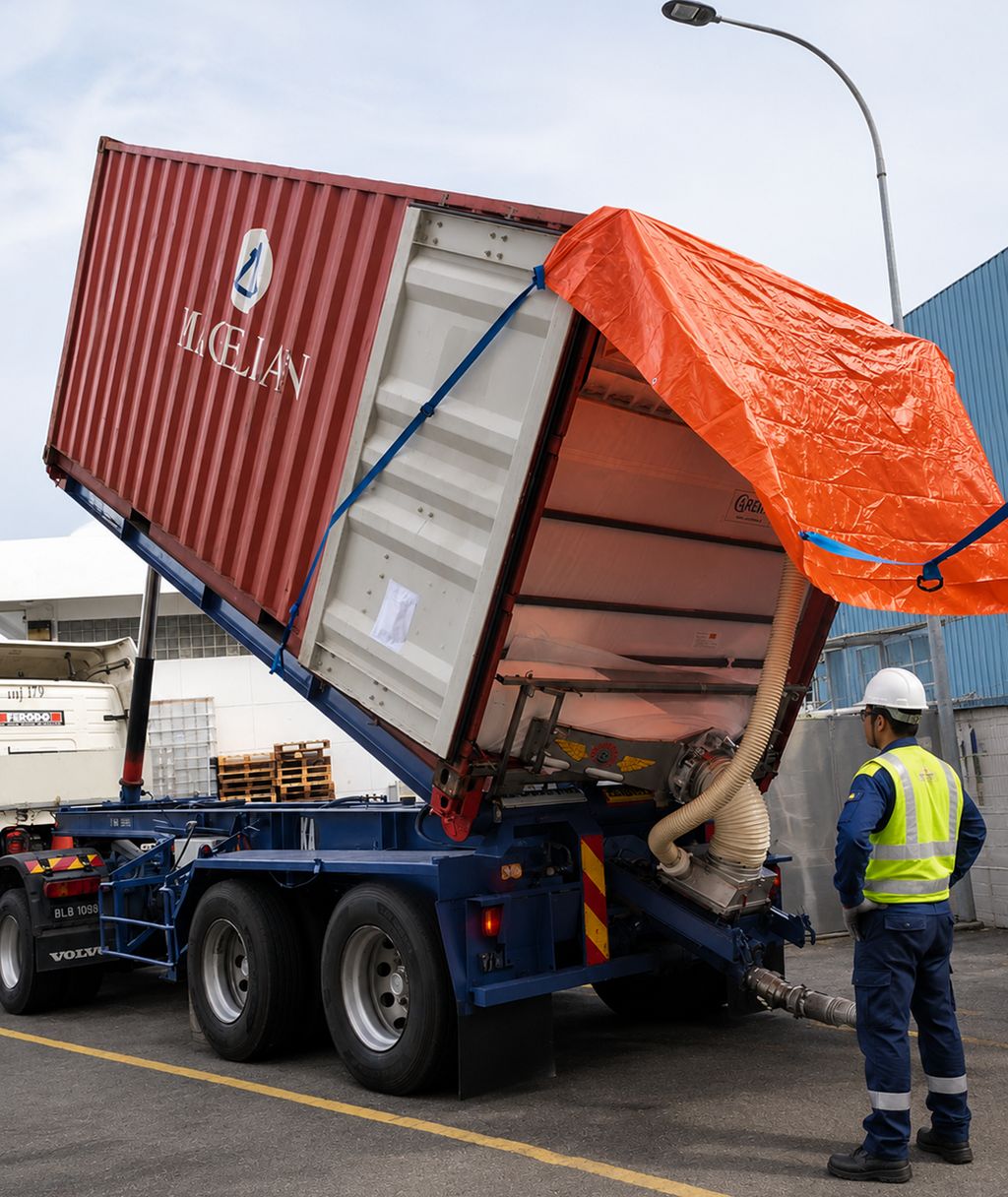 Container tipping with pneumatic discharge hose connected